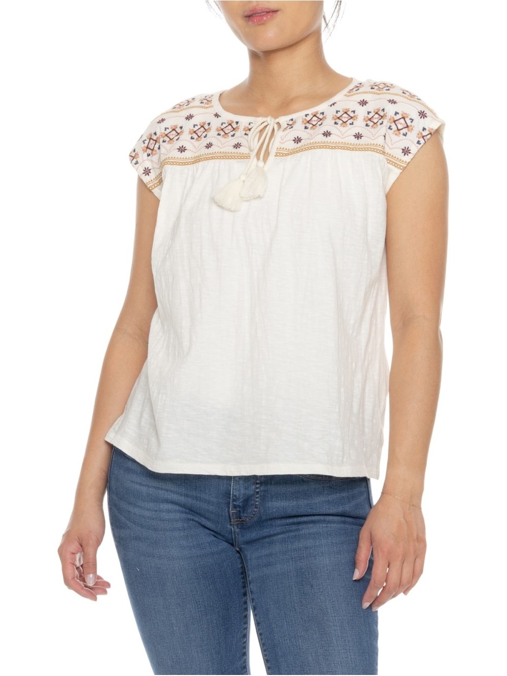 Lucky Brand Cream Embroidered Tie-Neck Cap Sleeve Top